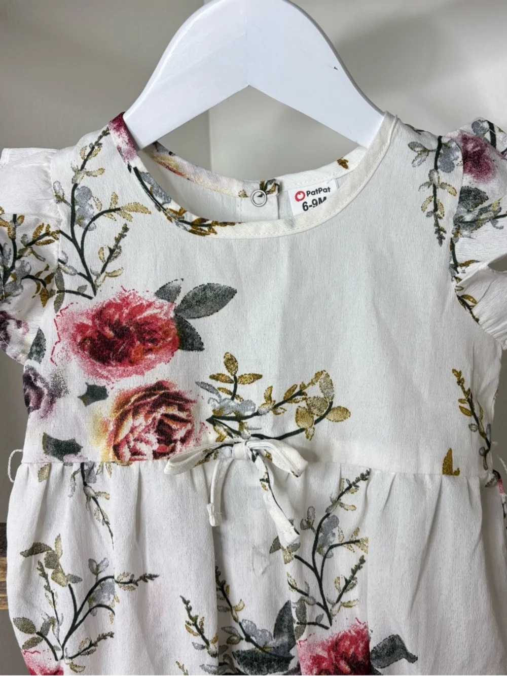 PatPat Floral Ruffle Baby Romper in White with Rose Print Size 6-9M
